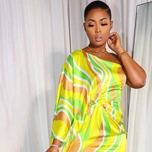 Satin Multicolored Pattern Print One Shoulder Long Sleeve High Slit Midi Dress